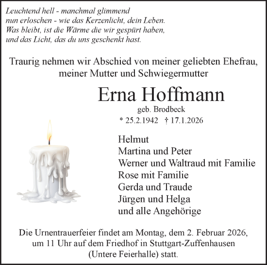 Traueranzeige von Erna Hoffmann von Stuttgarter Zeitung / Stuttgarter Nachrichten