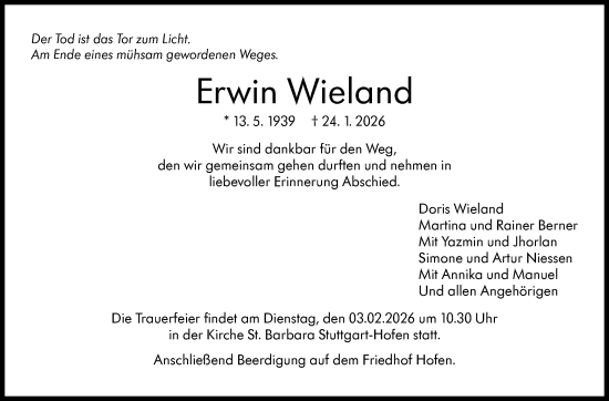 Traueranzeige von Erwin Wieland von Stuttgarter Zeitung / Stuttgarter Nachrichten