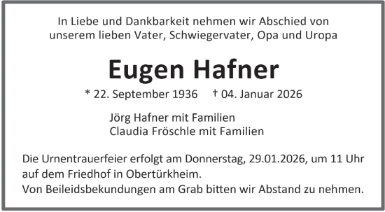 Traueranzeige von Eugen Hafner von Stuttgarter Zeitung / Stuttgarter Nachrichten