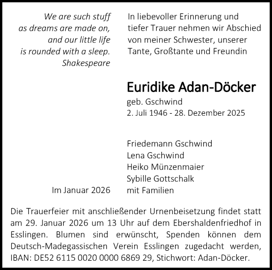 Traueranzeige von Euridike Adan-Döcker von Stuttgarter Zeitung / Stuttgarter Nachrichten