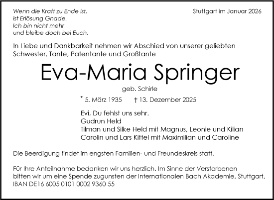 Traueranzeige von Eva-Maria Springer von Stuttgarter Zeitung / Stuttgarter Nachrichten