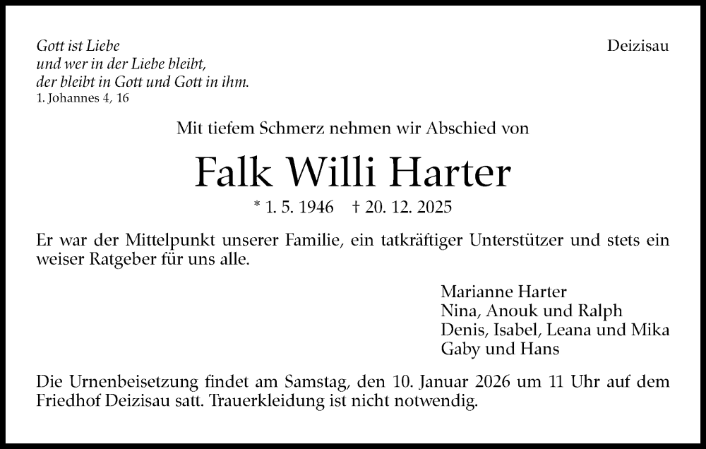  Traueranzeige für Falk Willi Harter vom 05.01.2026 aus Eßlinger Zeitung