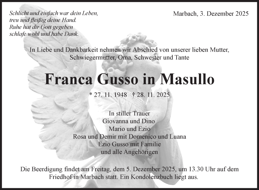  Traueranzeige für Franca Gusso vom 03.12.2025 aus Marbacher Zeitung