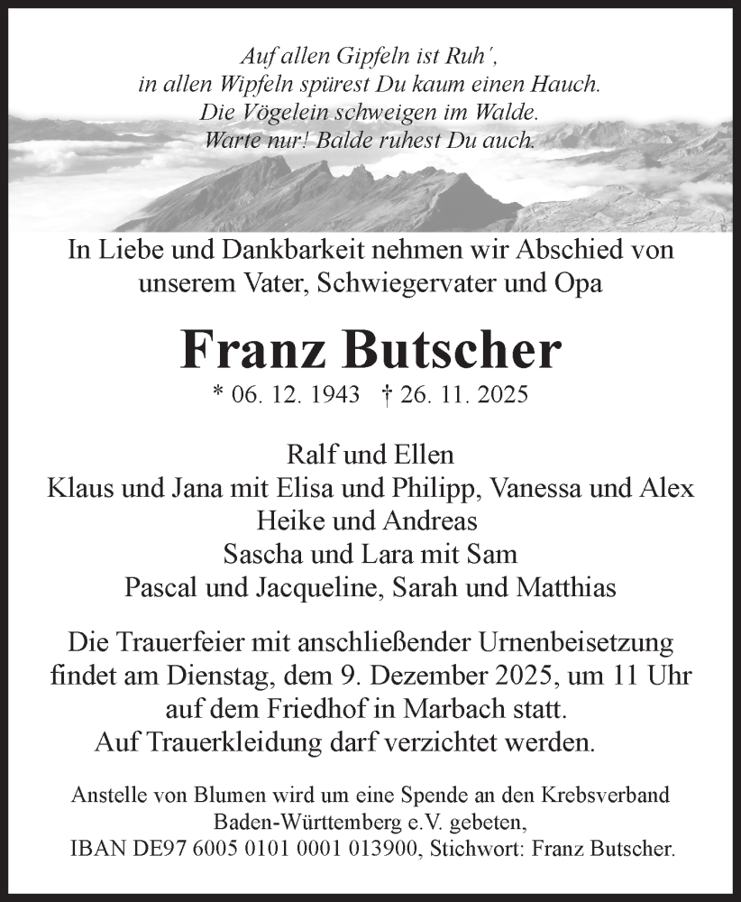  Traueranzeige für Franz Butscher vom 03.12.2025 aus Marbacher Zeitung