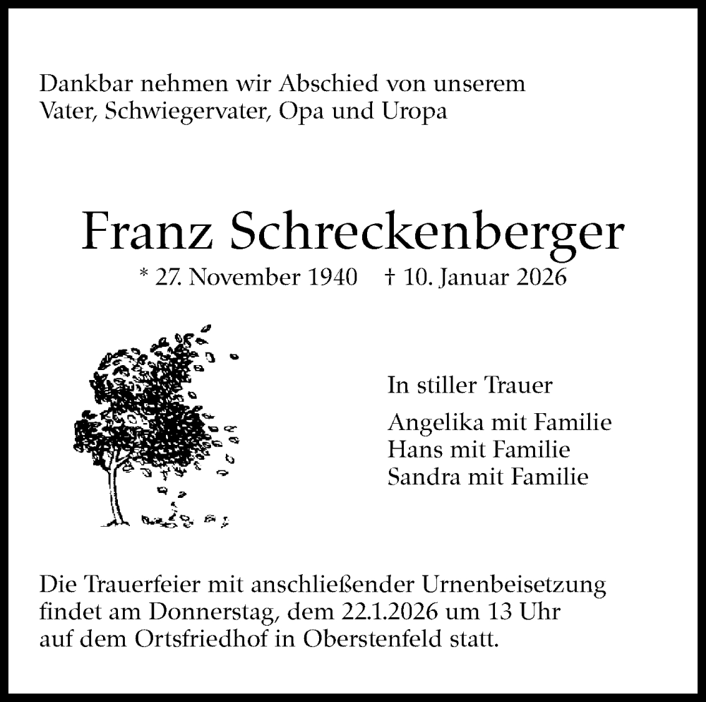  Traueranzeige für Franz Schreckenberger vom 16.01.2026 aus Marbacher Zeitung