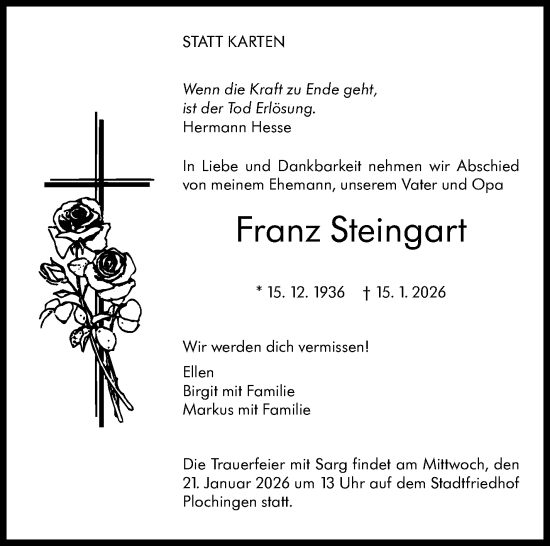 Traueranzeige von Franz Steingart von Eßlinger Zeitung