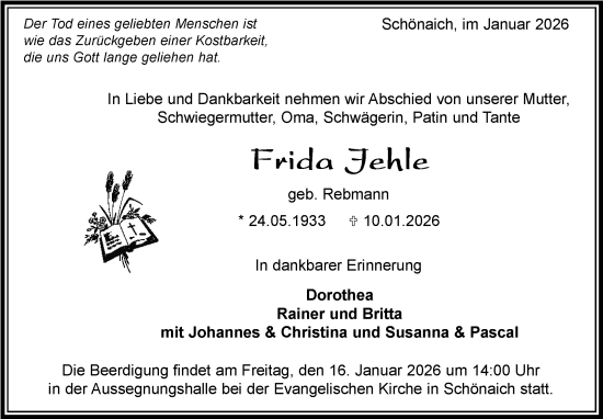 Traueranzeige von Frida Jehle von Kreiszeitung Böblinger Bote