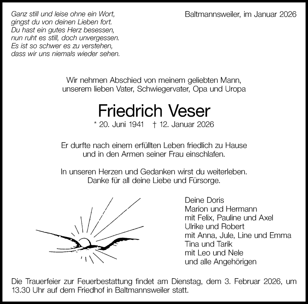  Traueranzeige für Friedrich Veser vom 24.01.2026 aus Eßlinger Zeitung