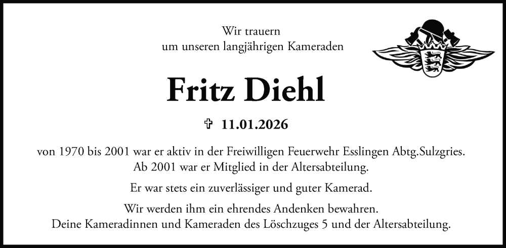  Traueranzeige für Fritz Diehl vom 17.01.2026 aus Eßlinger Zeitung