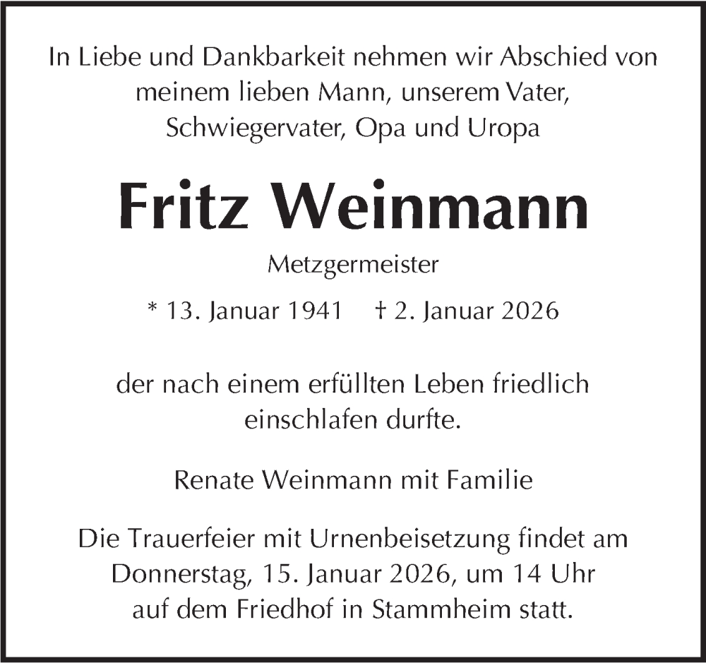  Traueranzeige für Fritz Weinmann vom 10.01.2026 aus Stuttgarter Zeitung / Stuttgarter Nachrichten