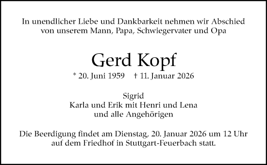 Traueranzeige von Gerd Kopf von Stuttgarter Zeitung / Stuttgarter Nachrichten