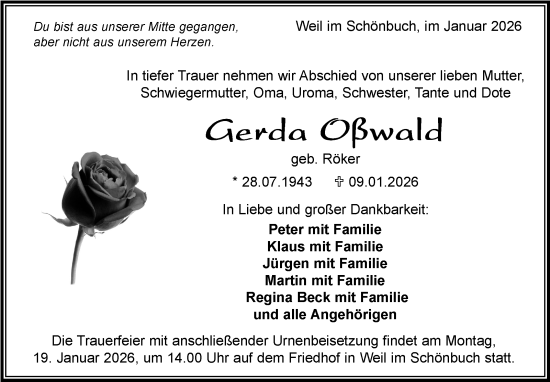 Traueranzeige von Gerda Oßwald von Kreiszeitung Böblinger Bote