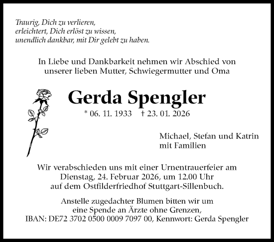 Traueranzeige von Gerda Spengler von Stuttgarter Zeitung / Stuttgarter Nachrichten