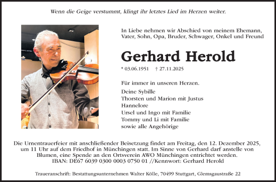 Traueranzeige von Gerhard Herold von Stuttgarter Zeitung / Stuttgarter Nachrichten