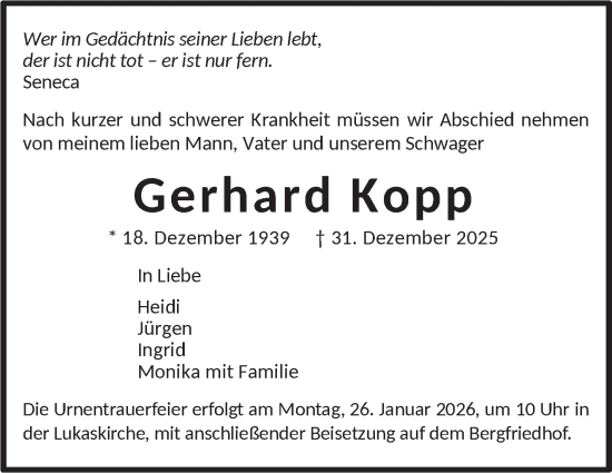 Traueranzeige von Gerhard Kopp von Stuttgarter Zeitung / Stuttgarter Nachrichten