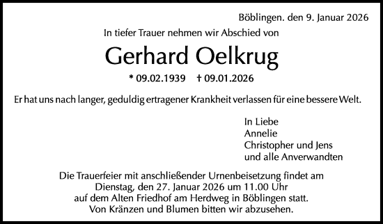 Traueranzeige von Gerhard Oelkrug von Kreiszeitung Böblinger Bote