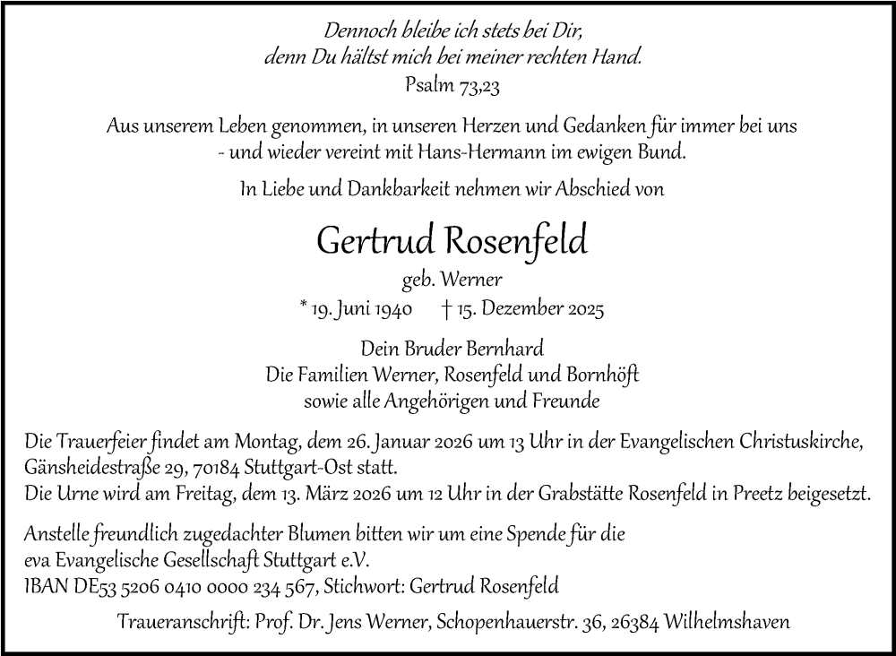  Traueranzeige für Gertrud Rosenfeld vom 17.01.2026 aus Stuttgarter Zeitung / Stuttgarter Nachrichten