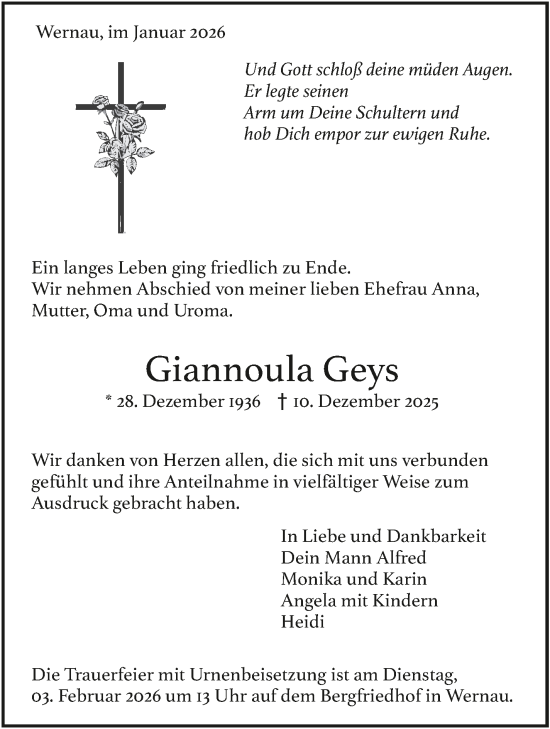 Traueranzeige von Giannoula Geys von Eßlinger Zeitung