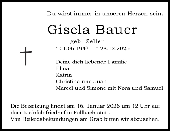 Traueranzeige von Gisela Bauer von Stuttgarter Zeitung / Stuttgarter Nachrichten