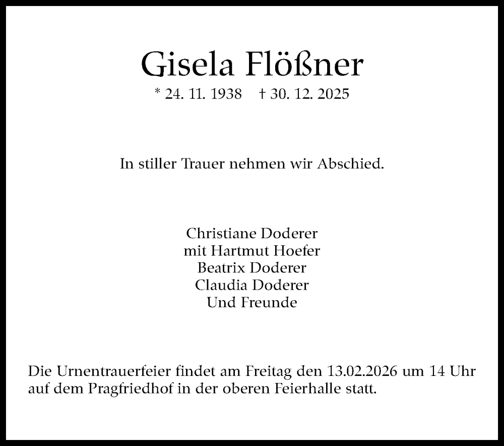  Traueranzeige für Gisela Flößner vom 24.01.2026 aus Stuttgarter Zeitung / Stuttgarter Nachrichten