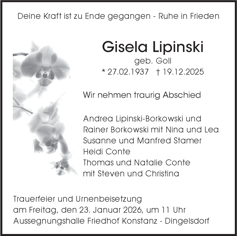  Traueranzeige für Gisela Lipinski vom 10.01.2026 aus Eßlinger Zeitung
