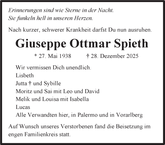 Traueranzeige von Giuseppe Ottmar Spieth von Stuttgarter Zeitung / Stuttgarter Nachrichten