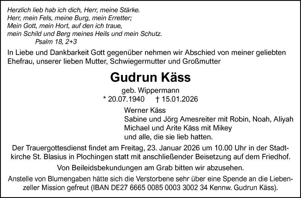  Traueranzeige für Gudrun Käss vom 21.01.2026 aus Eßlinger Zeitung