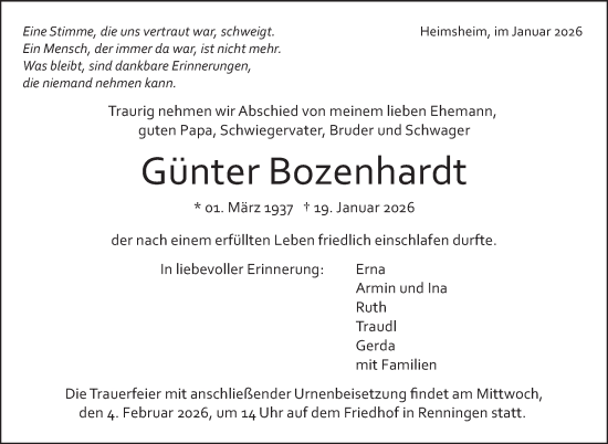 Traueranzeige von Günter Bozenhardt von Leonberger Kreiszeitung / Strohgäu Extra