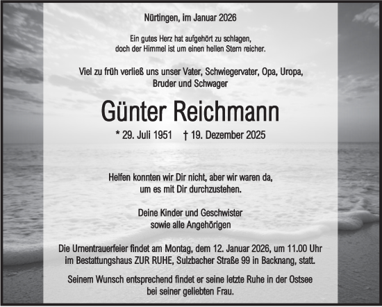 Traueranzeige von Günter Reichmann von Eßlinger Zeitung