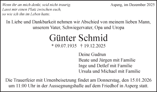 Traueranzeige von Günter Schmid von Stuttgarter Zeitung / Stuttgarter Nachrichten