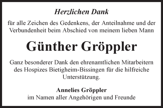 Traueranzeige von Günther Gröppler von Stuttgarter Zeitung / Stuttgarter Nachrichten