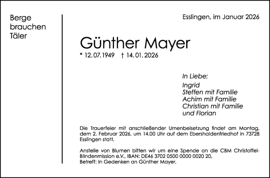 Traueranzeige von Günther Mayer von Stuttgarter Zeitung / Stuttgarter Nachrichten