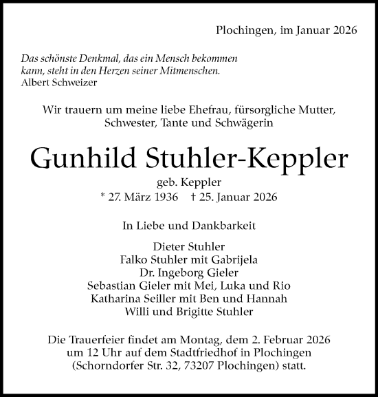 Traueranzeige von Gunhild Stuhler-Keppler von Eßlinger Zeitung