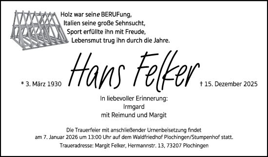 Traueranzeige von Hans Felker von Eßlinger Zeitung