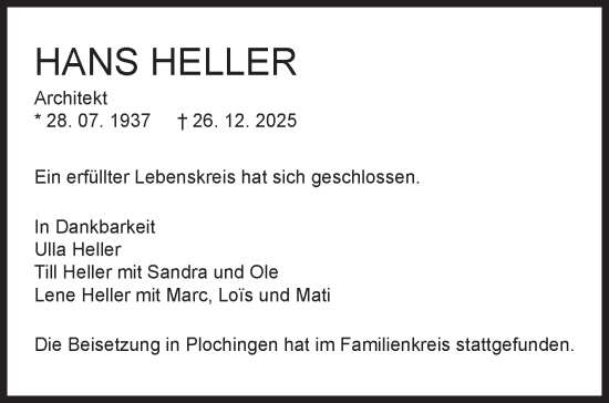 Traueranzeige von Hans Heller von Stuttgarter Zeitung / Stuttgarter Nachrichten