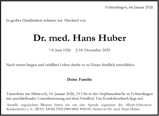 Traueranzeige von Hans Huber von Stuttgarter Zeitung / Stuttgarter Nachrichten