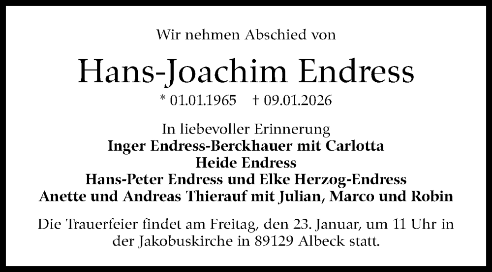  Traueranzeige für Hans-Joachim Endress vom 21.01.2026 aus Stuttgarter Zeitung / Stuttgarter Nachrichten