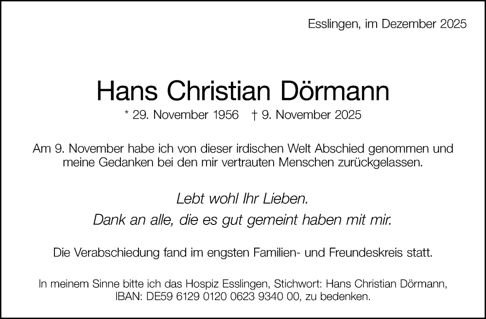  Traueranzeige für Hans Christian Dörmann vom 05.12.2025 aus Eßlinger Zeitung