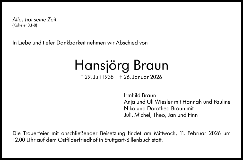  Traueranzeige für Hansjörg Braun vom 31.01.2026 aus Stuttgarter Zeitung / Stuttgarter Nachrichten
