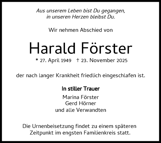 Traueranzeige von Harald Förster von Leonberger Kreiszeitung / Strohgäu Extra