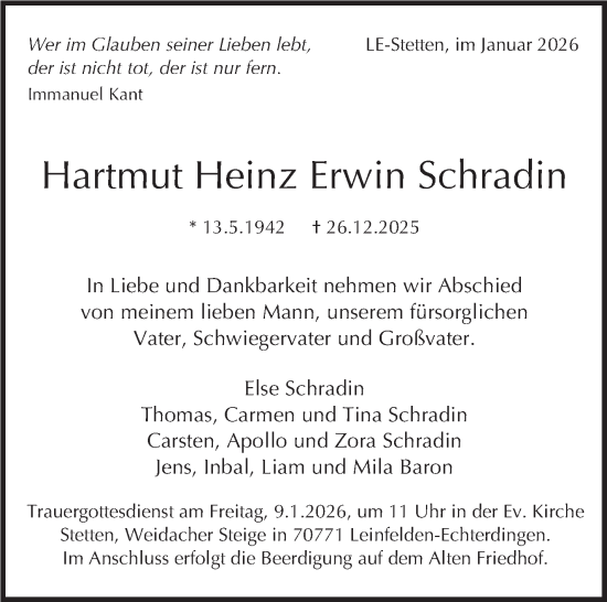 Traueranzeige von Hartmut Heinz Erwin Schradin von Stuttgarter Zeitung / Stuttgarter Nachrichten