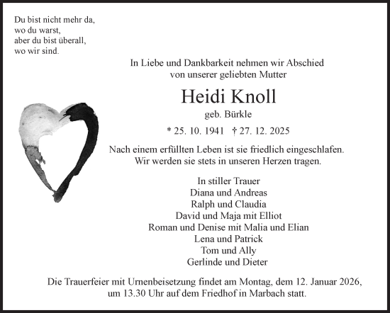 Traueranzeige von Heidi Knoll von Marbacher Zeitung