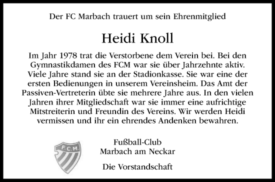 Traueranzeige von Heidi Knoll von Marbacher Zeitung