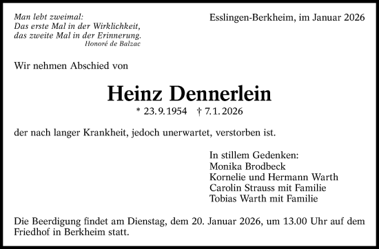Traueranzeige von Heinz Dennerlein von Eßlinger Zeitung