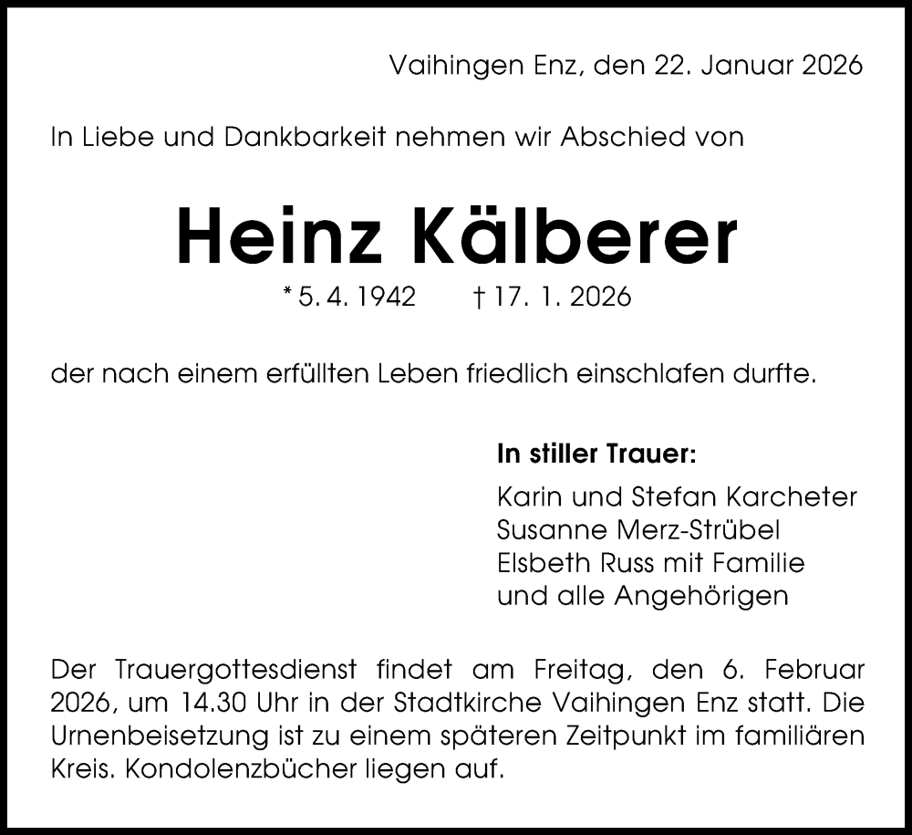  Traueranzeige für Heinz Kälberer vom 22.01.2026 aus Stuttgarter Zeitung / Stuttgarter Nachrichten