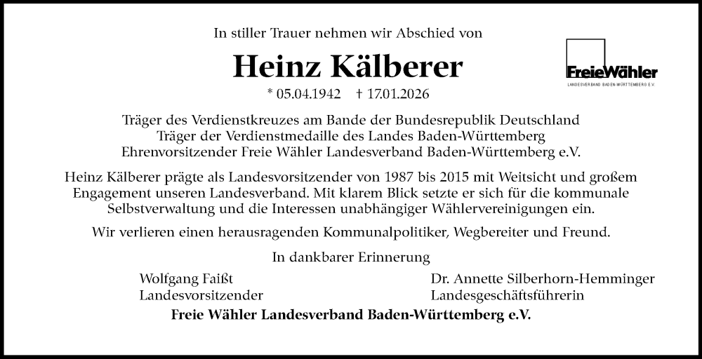  Traueranzeige für Heinz Kälberer vom 23.01.2026 aus Stuttgarter Zeitung / Stuttgarter Nachrichten