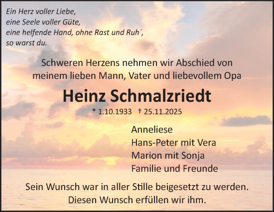 Traueranzeige von Heinz Schmalzriedt von Stuttgarter Zeitung / Stuttgarter Nachrichten