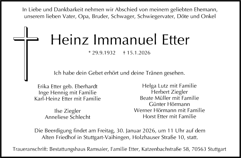  Traueranzeige für Heinz Immanuel Etter vom 24.01.2026 aus Stuttgarter Zeitung / Stuttgarter Nachrichten