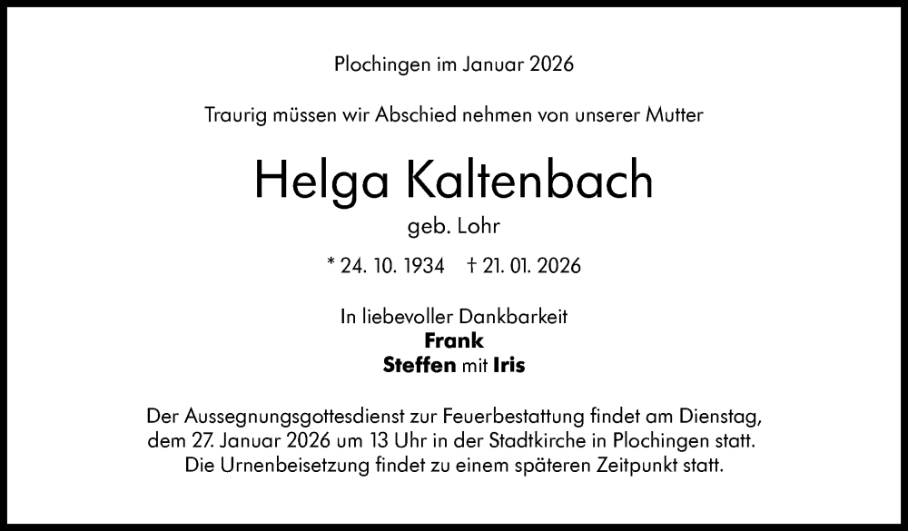 Traueranzeige für Helga Kaltenbach vom 24.01.2026 aus Eßlinger Zeitung