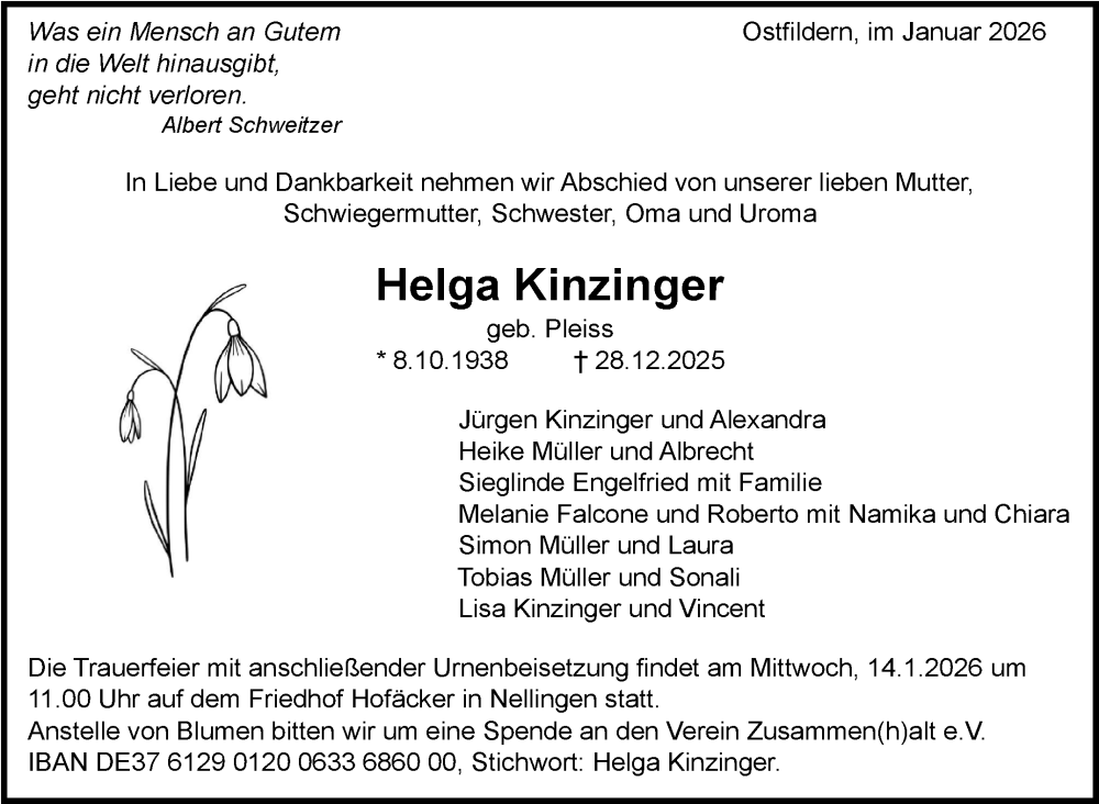  Traueranzeige für Helga Kinzinger vom 09.01.2026 aus Eßlinger Zeitung